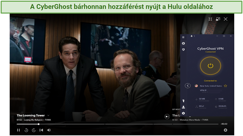 screenshot showing The Looming Tower streaming on Hulu with CyberGhost connected