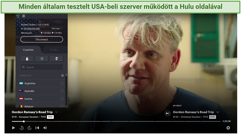 Watching Gordon Ramsay's Road Trip on Hulu using Proton VPN's Florida Server