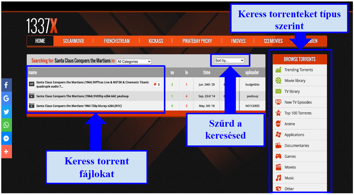 Screenshot of 1337x torrenting site showing how to find torrent files and filter your search.
