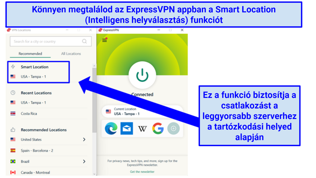 Screenshot showing how to connect to the fastest available server using ExpressVPN's Smart Location