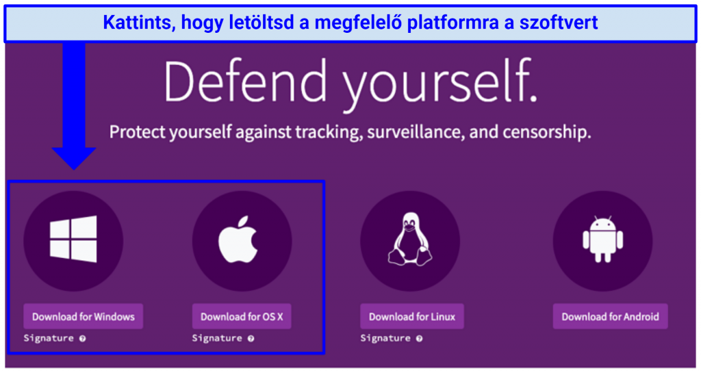 Screenshot showing how to download Tor for Mac and Windows from the official website