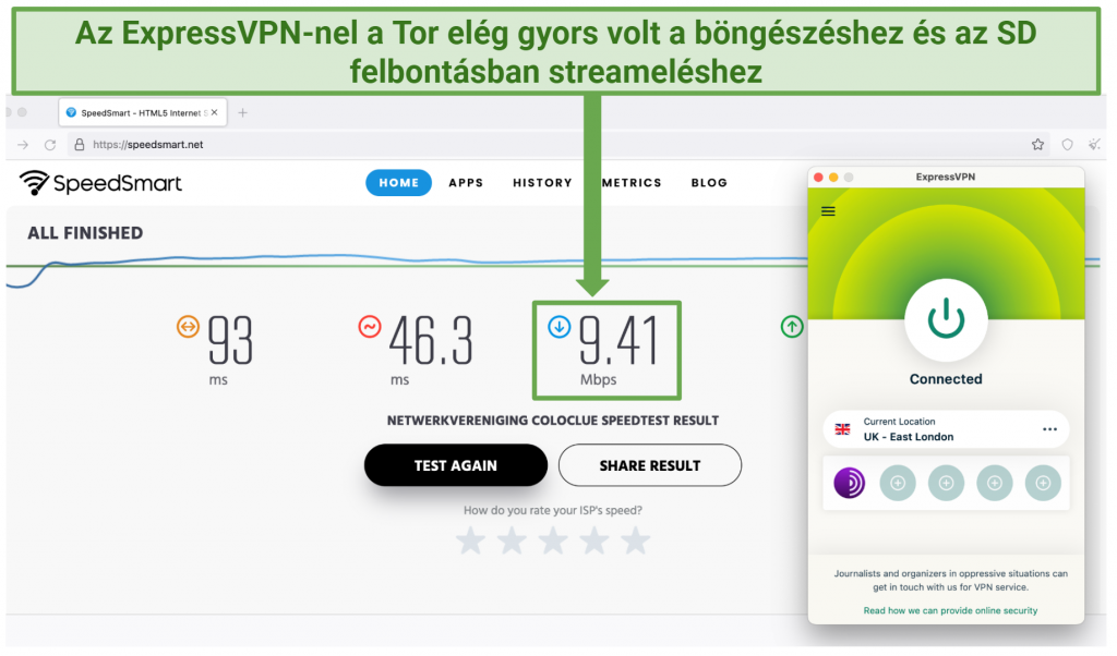 Image showing speed test results on Tor without ExpressVPN connected