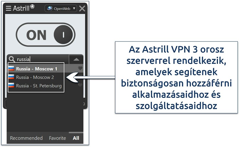 Astrill VPN orosz szervereinek képernyőfotója