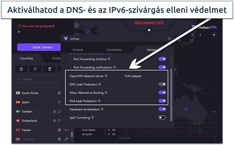 Proton VPN biztonsági beállításainak képernyőképe