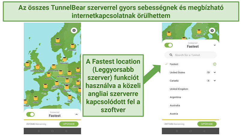 Screenshot of TunnelBear's server list