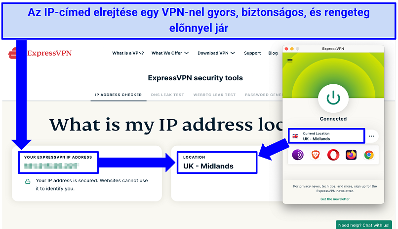 Screenshot of the ExpressVPN app connected to a UK server, showing how it has hidden a real IP address