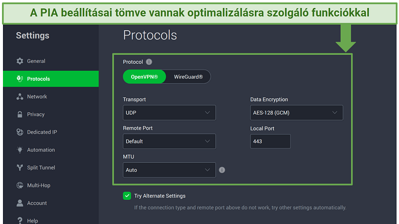 Screenshot showing PIA's customizable protocol settings