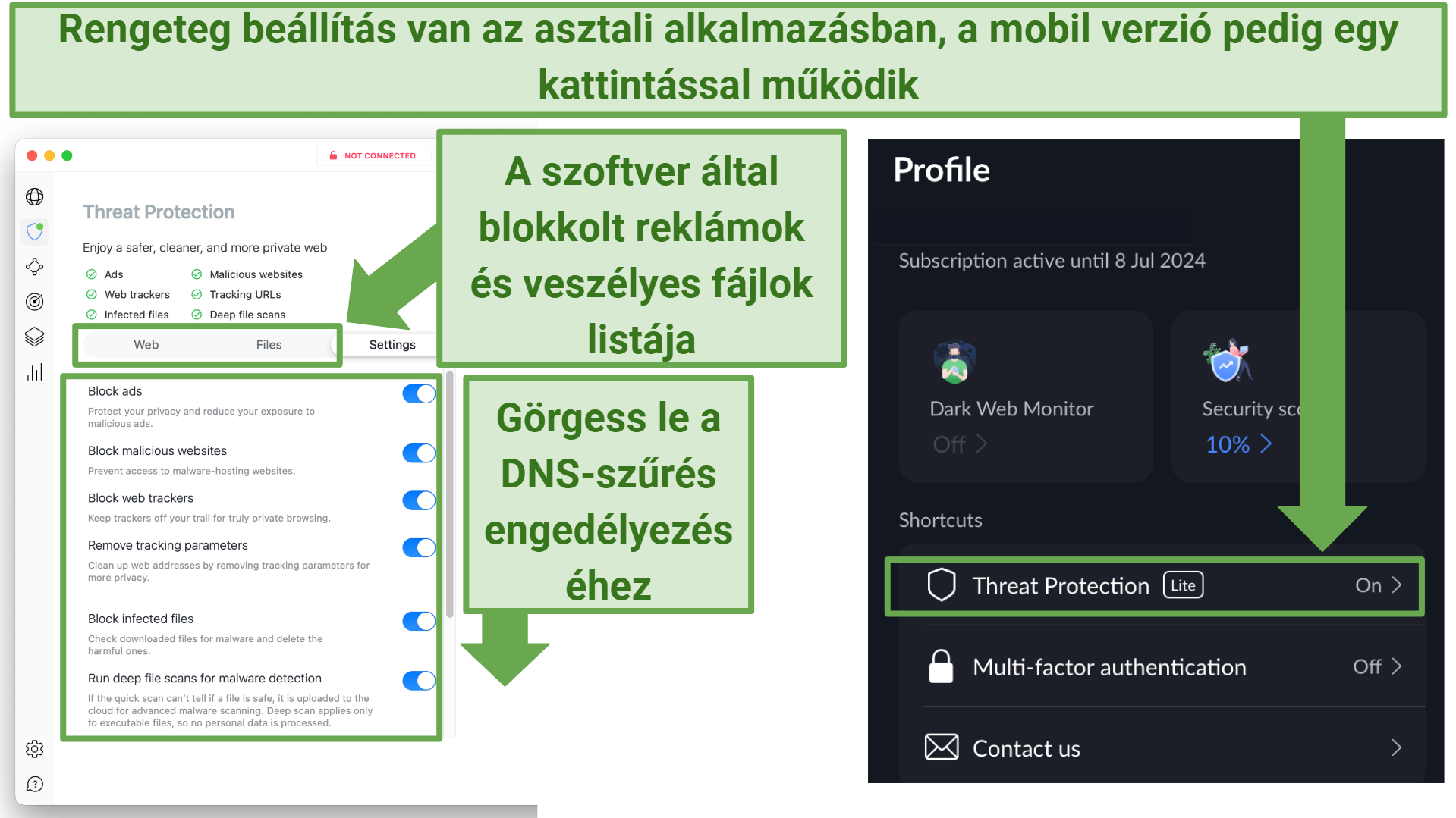 Képernyőkép, amely a NordVPN Fenyegetések elleni védelem hirdetésblokkolóját mutatja asztali és mobil eszközökön