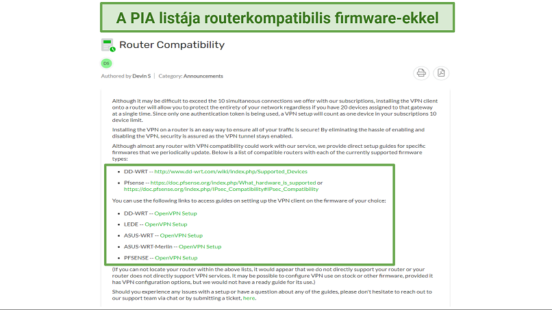 Screenshot of PIA's router compatibility on its website