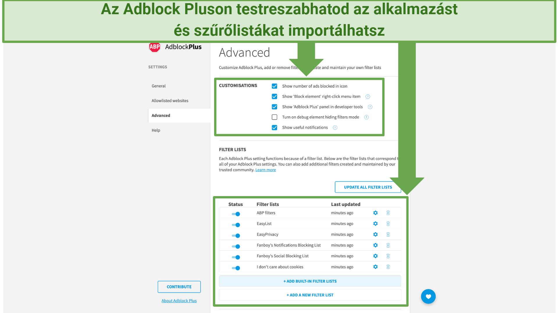 Képernyőkép mutatja, hogyan szabályozható az Adblock Plus alkalmazás