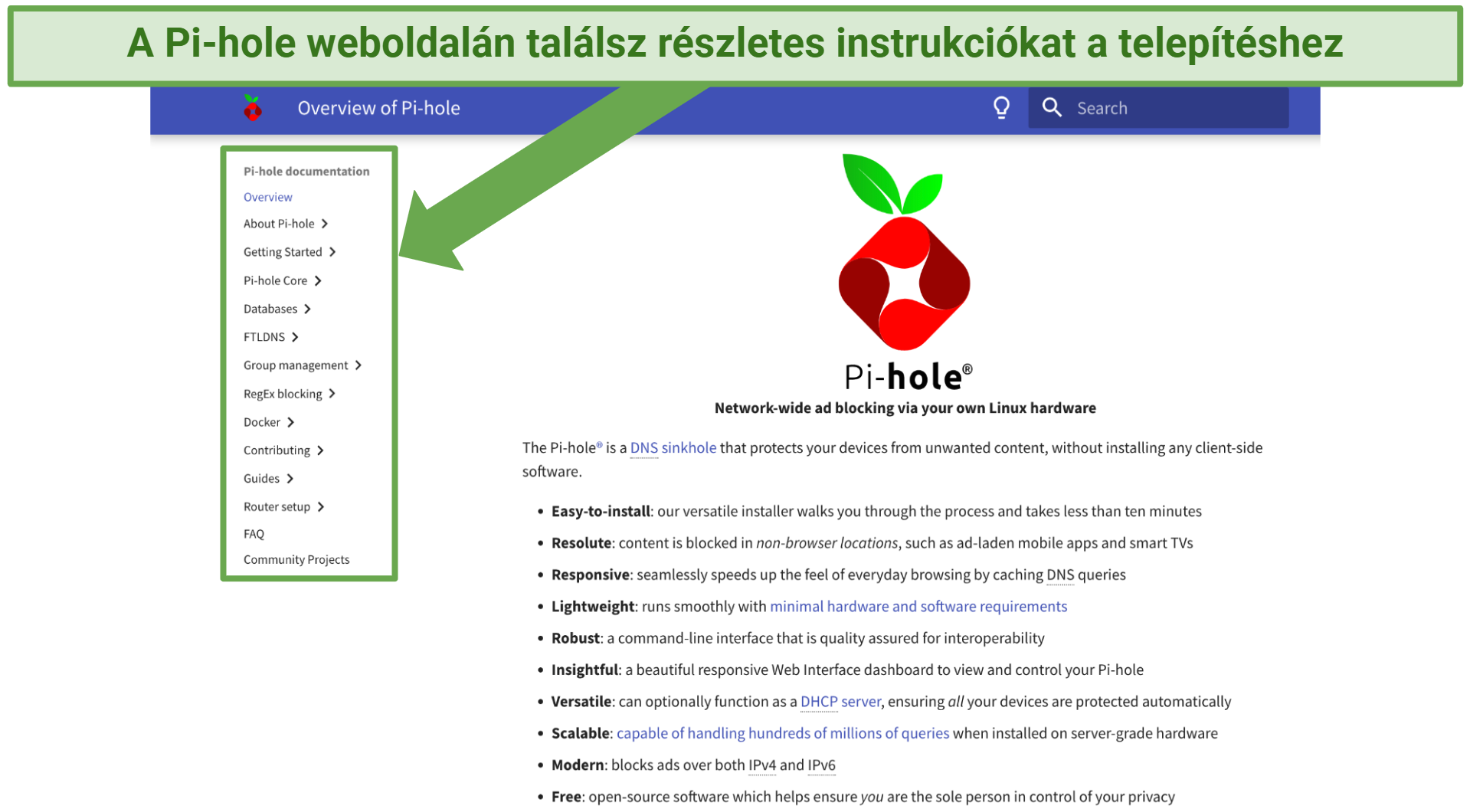 Képernyőkép, amely a Pi-hole weboldalának beállítási útmutatóját mutatja