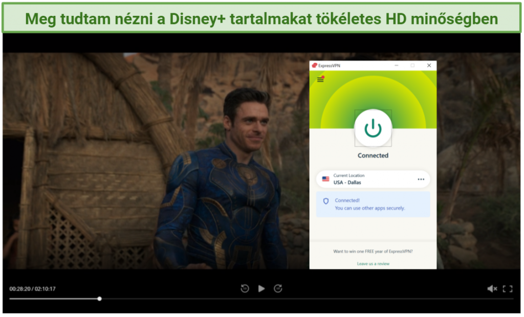 Screenshot of Disney+ player streaming Eternals while connected to ExpressVPN