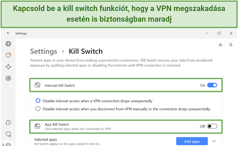 Screenshot of the kill switch function on Windows