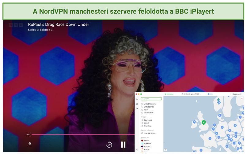 Screenshot of BBC iPlayer streaming RuPaul's Drag Race Down Under while connected to NordVPN