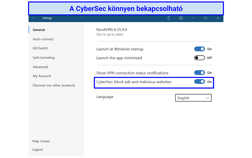 A screenshot of NordVPN's CyberSec settings