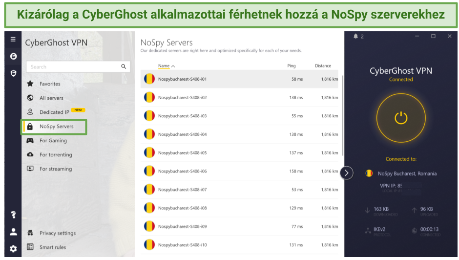 Screenshot showing CyberGhost's list of NoSpy servers in Romania