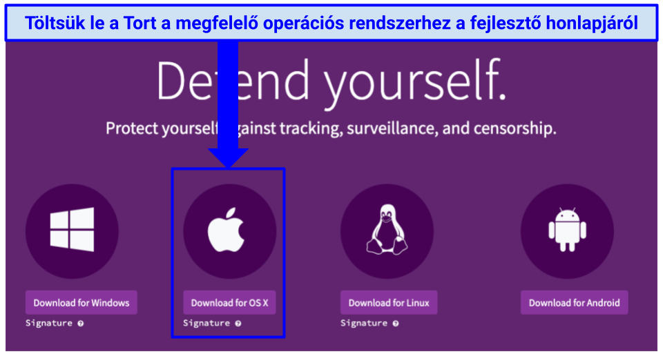 The Tor download webpage with indication of where to click to download Tor for OS X
