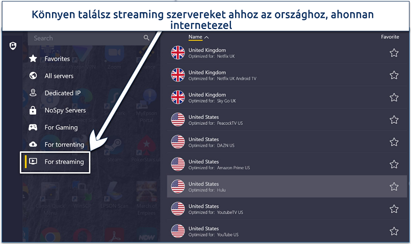 Screenshot of CyberGhost's streaming servers