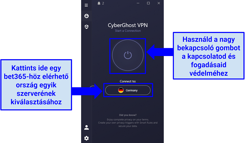 Képernyőkép a CyberGhost felhasználói felületéről, amely megmutatja, hogyan válasszunk szervert és hogyan csatlakozzunk
