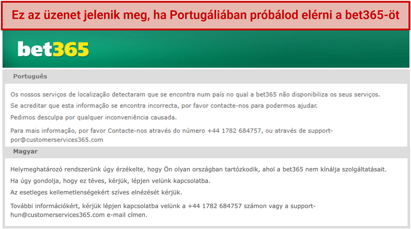 Képernyőfotó a bet365 helymeghatározási hibaüzenetéről portugál és angol nyelven