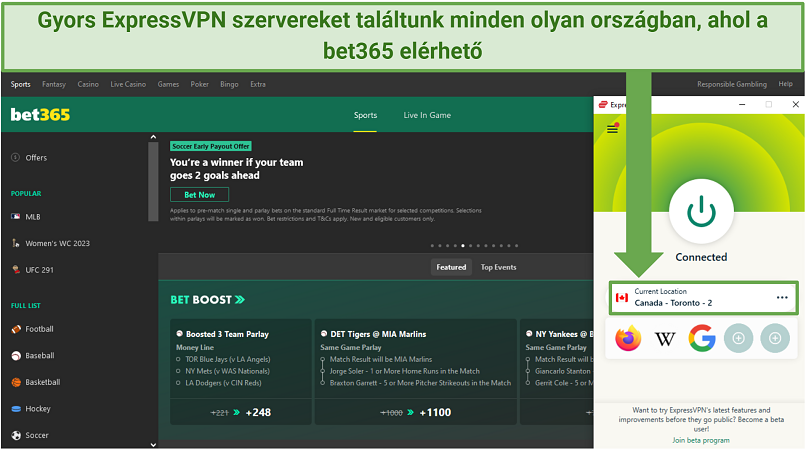 A Bet365 kezdőlapjának képernyőképe, amíg az ExpressVPN egy kanadai szerverhez van csatlakoztatva