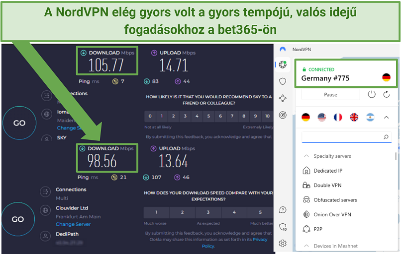 Egy képernyőkép, ami az alap internet sebességét hasonlítja össze a NordVPN egy német szerverhez való csatlakozása közben mért sebességekkel