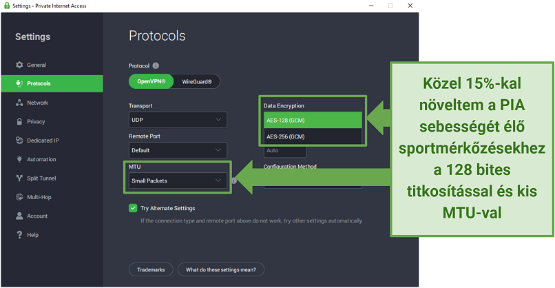 Képernyőkép a PIA protokoll beállítási menüjéről, ahol a 128 bites titkosítás és a kis MTU van kiválasztva