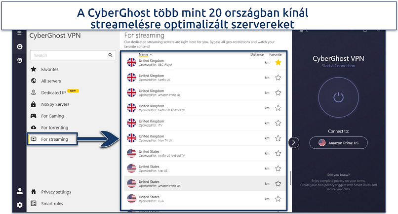 Screenshot of CyberGhost's streaming servers