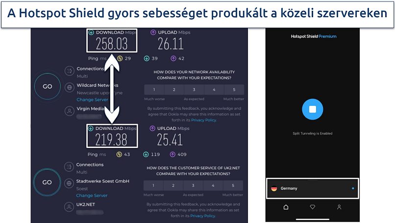 Screenshot of Hotspot Shield's speed test results on local servers