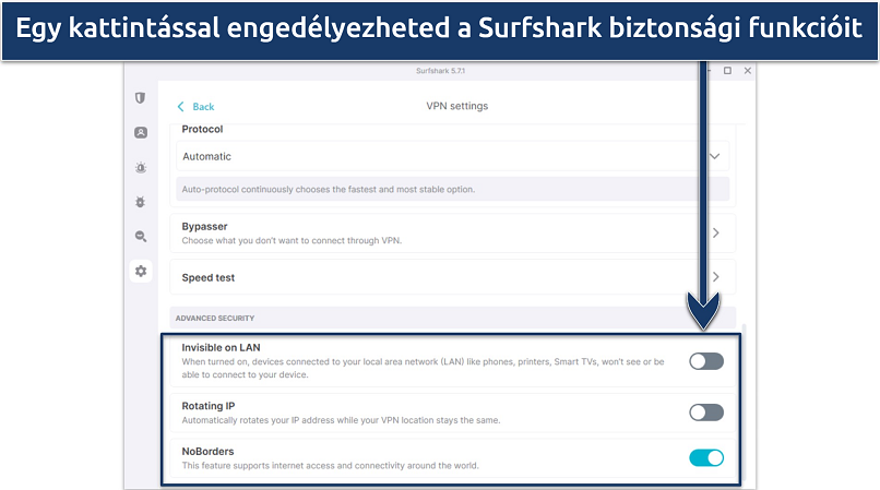 Screenshot of Surfshark's Windows app highlighting advanced security features