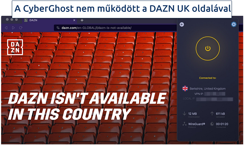 A screenshot showing CyberGhost blocked by DAZN UK while connected to a UK server