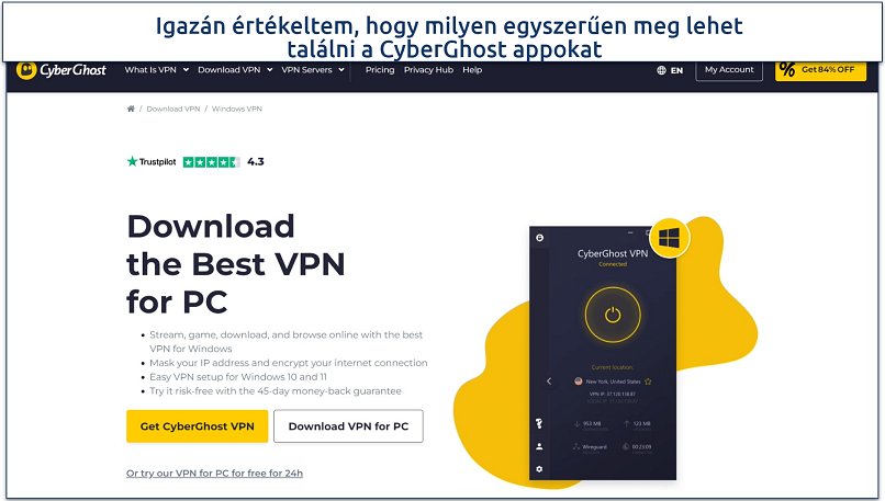 Screenshot of CyberGhost's download page highlighting where to find the Windows app 