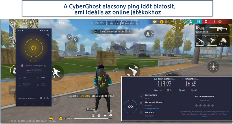 Screenshot of Free Fire gameplay with CyberGhost connected