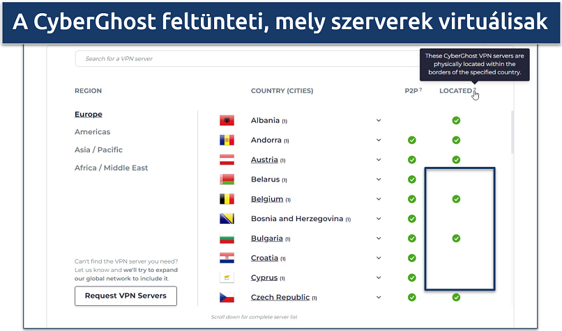 Screenshot of CyberGhost's virtual and physical servers list