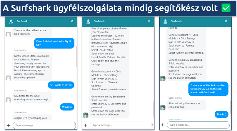 Screenshot showing conversation with Surfshark's customer support chatbot and agent