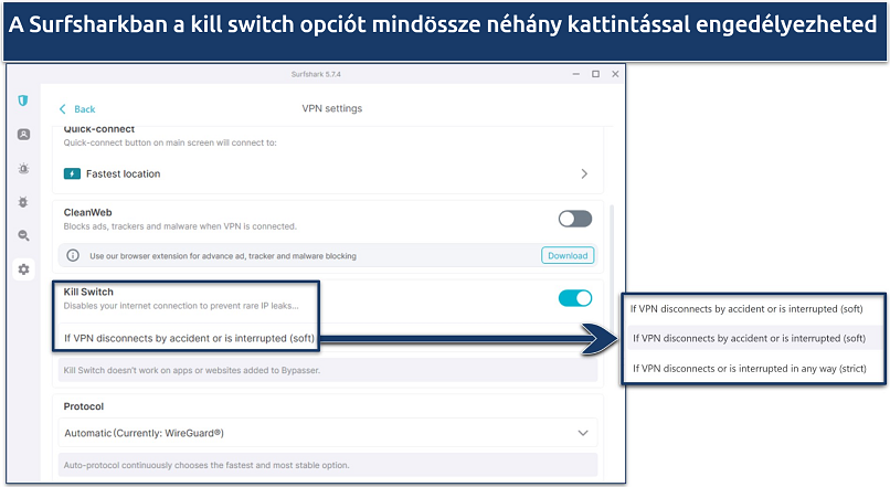 Screenshot of Surfshark's Windows app showing the kill switch soft or strict options