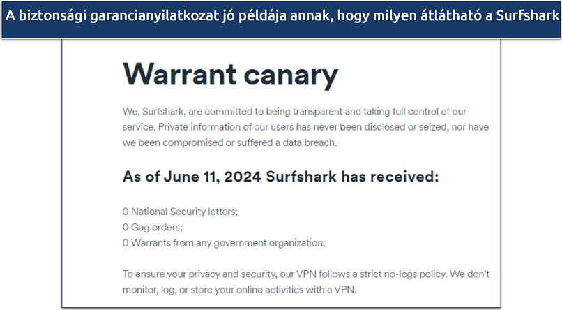 Screenshot of Surfshark's Warrant Canary showing no requests for user data