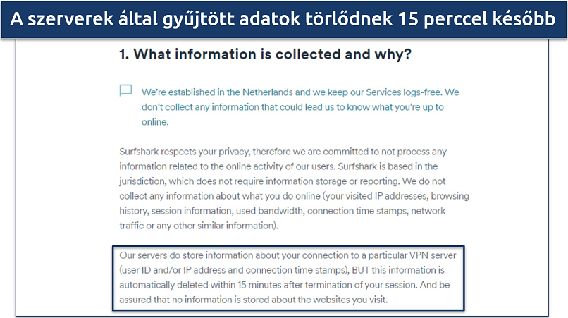 Screenshot of Surfshark's privacy policy highlighting their data collection