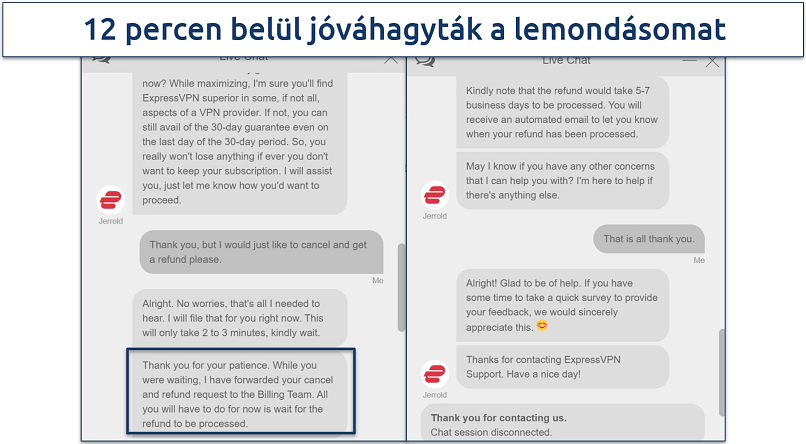 Screenshot of a conversation with ExpressVPN customer support where they approved our cancellation and refund