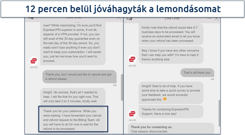 Screenshot of a conversation with ExpressVPN customer support where they approved our cancellation and refund
