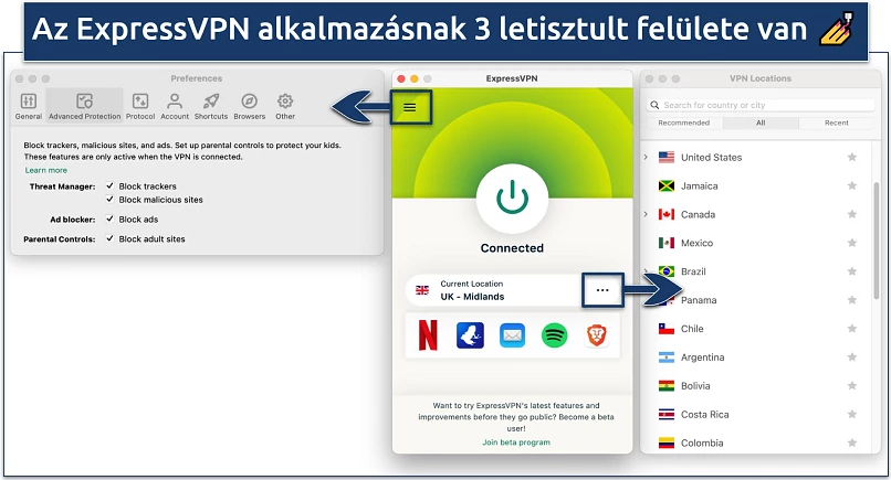 Screenshot showing the 3 interfaces of the ExpressVPN app