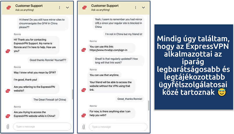 Screenshot showing a chat with the ExpressVPN customer service