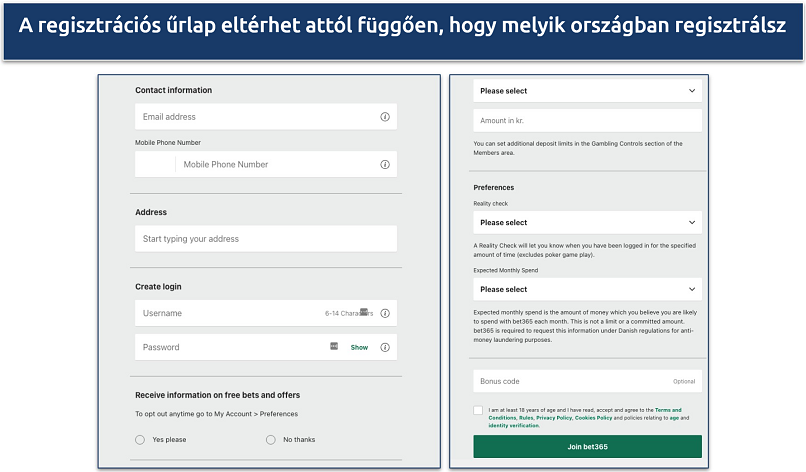 A bet365 regisztrációs űrlapjának képernyőképe