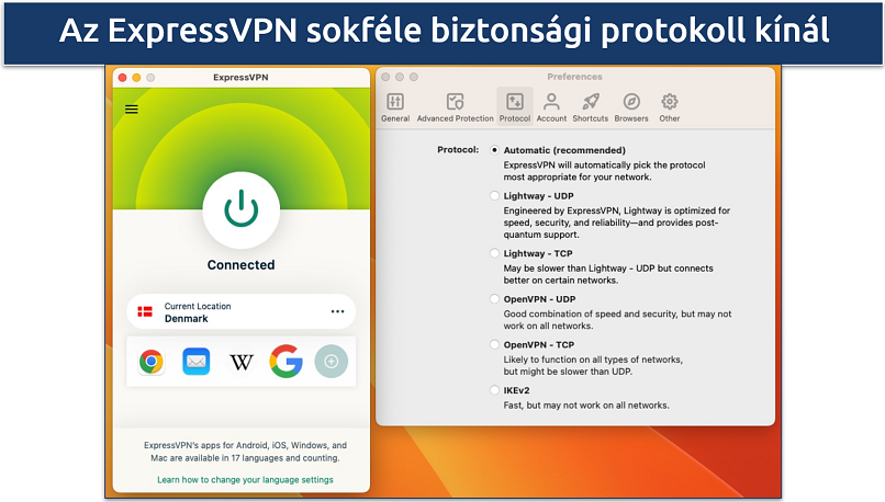 A protokoll lista a ExpressVPN beállítás menüpontjában