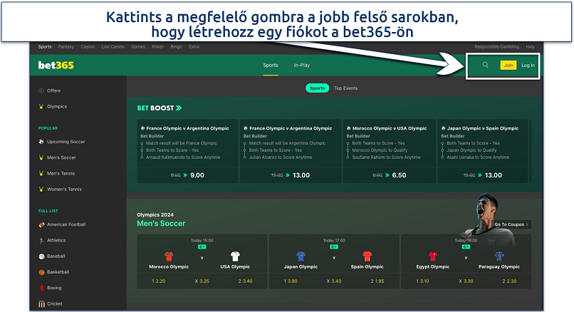 A bet365 platform kezdőlapjának képernyőképe