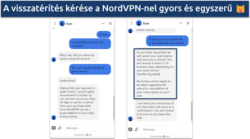 Screenshot of conversation with NordVPN live chat support agent requesting a refund during the 30-day guarantee period