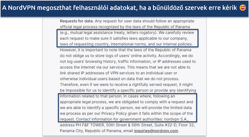 Screenshot of NordVPN's privacy policy showing it may share user data is requested