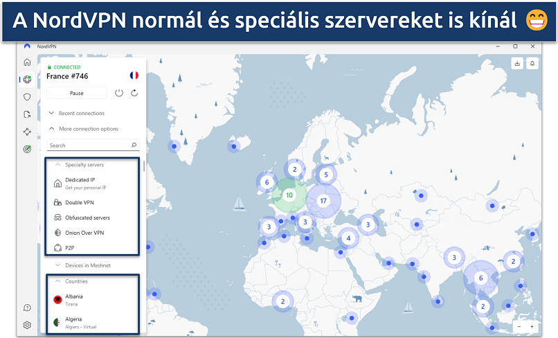 Screenshot of NordVPN's Windows app highlighting the specialty and regular servers