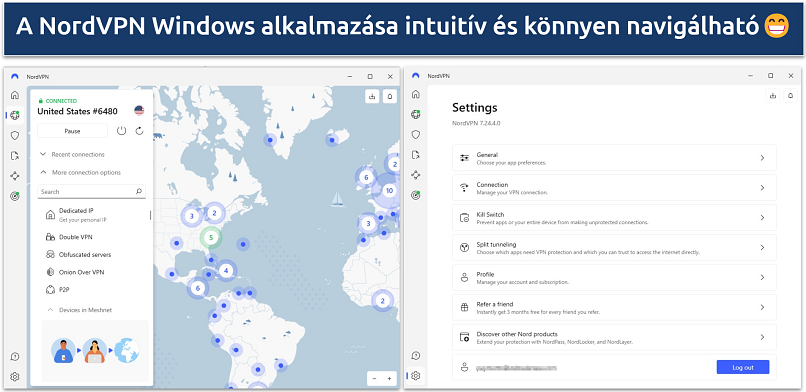 Screenshot of NordVPN's Windows app showing the app server page and the settings page