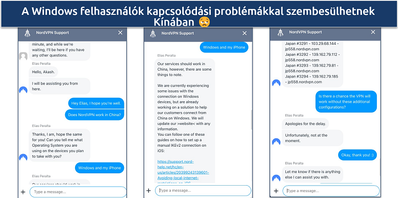 Screenshot of a chat with NordVPN support regarding the VPN's connectivity in China